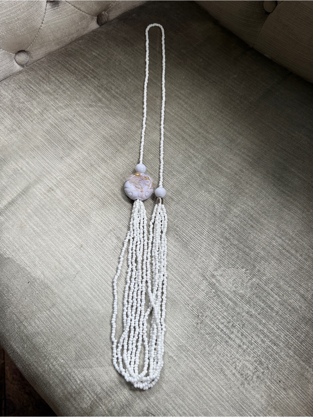 Marbled Resin Medallion Multi Strand White Seed Bead Tassel Sautoir Long Boho